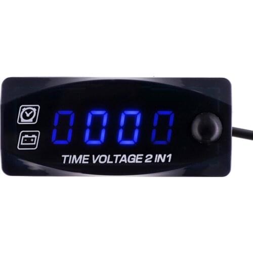 2 In 1 Multifunctional Digital Motorcycle Voltage Gauge 24 Hours /12 Hours Clock Voltmeter LED Display Waterproof Dust-proof 12V