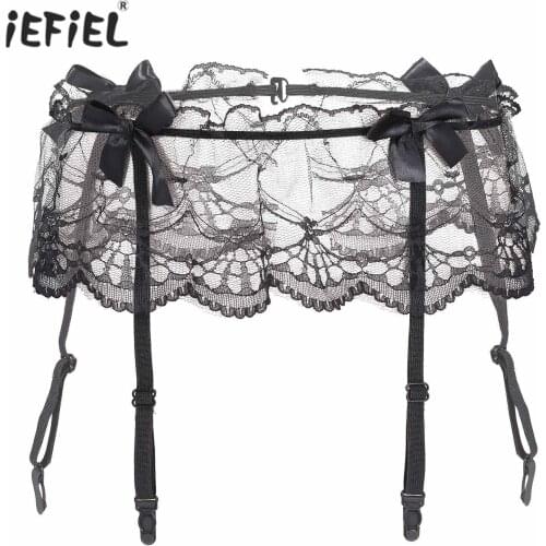 Mens See-through Suspenders Underwear Bowknot Decor Sheer Lace Garters Belt Erotic Sissy Nightwear Role Play Costume Accessories