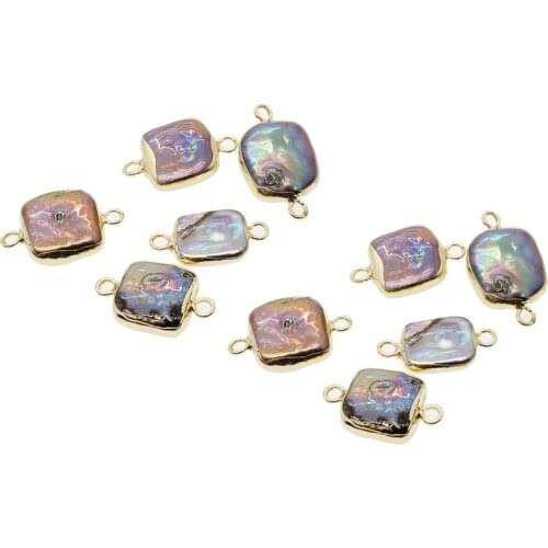 Natural Freshwater Pearl Square-Shaped Gold-Plated Double-Ring Connector Pendant for Diy Jewelry Necklace Accessories