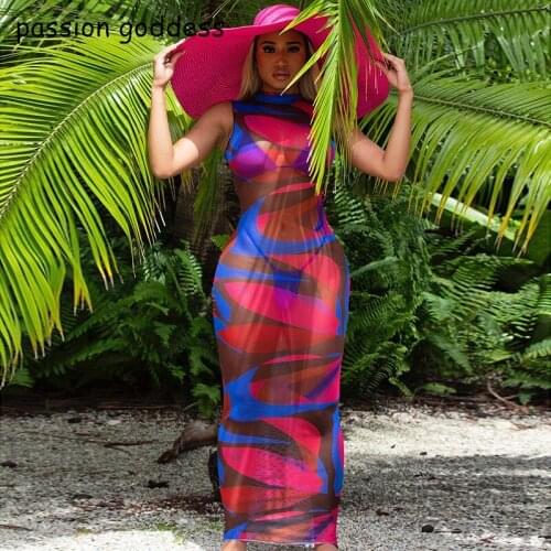 New Women 2021 Summer Sexy Mesh Print Bodycon Long Boho Dress Sleeveless See Through Mesh Maxi Long Bohemian Beach Dress Vestido