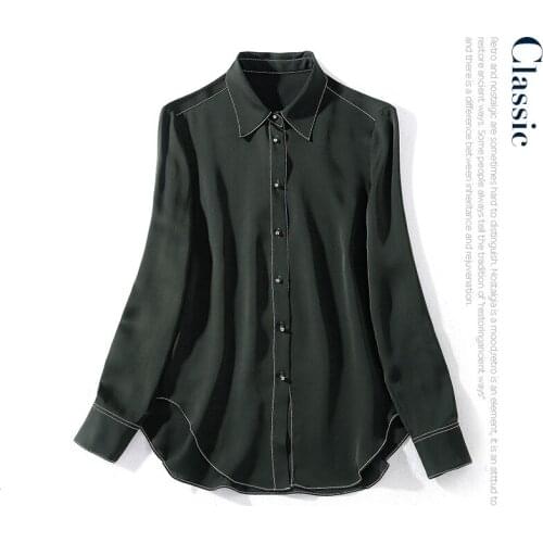 New ol Lapel color contrast bright line side long sleeve versatile silk double Qiao Satin shirt top in early spring 2020