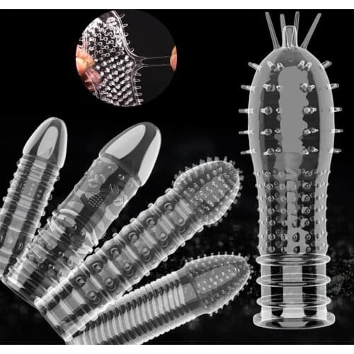 Adult Sex Toy Reusable Condom Penis Sleeve Male Enlargement Clear Condoms Lock Cock Ring Dildo Cover Delay Ejaculation