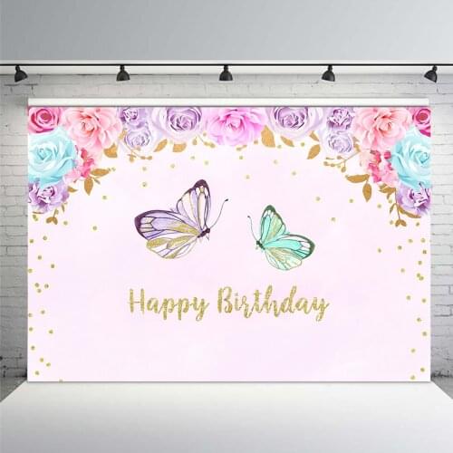 Happy Birthday Photo Background for Little Princess Flower Backdrop Butterfly Baby Party Banner Backgrounds Gold Sequins Spring