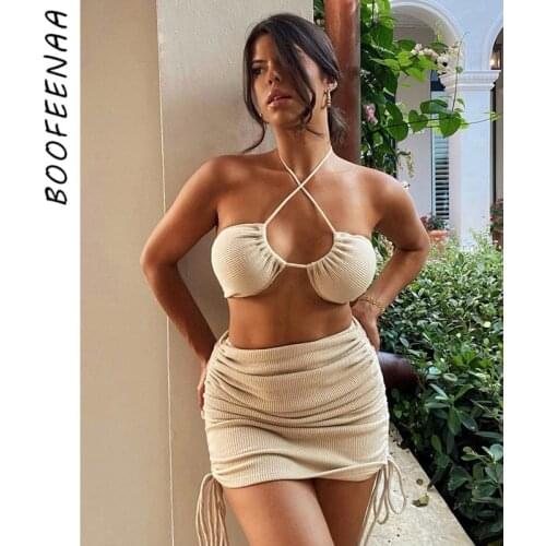BOOFEENAA Sexy Solid Knitted Bodycon Dress Sets Beach Vacation Outfits Two Peice Set for Women Matching Sets Skirt C83-CB24