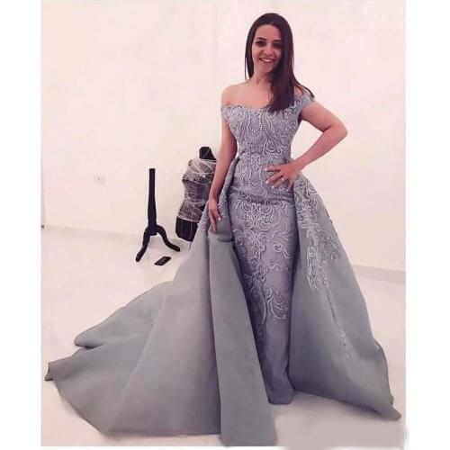 Silver Gray Overskirts Prom Dresses 2020 Long Off Shoulder Lace Applique Beaded Mermaid Arabic Dubai Cheap Formal Party Gowns