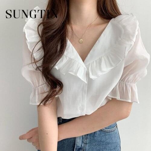 Sungtin Fashion Ruffled Collar Women Blouses Korean Sweet Puff Sleeve Female Shirt Summer All Match Causal Chiffon Blouse 2021