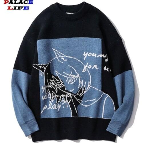 Japanese Style Harajuku Knitted Sweater Men Cartoon Character Print Streetwear Pullover Sweater Unisex Cotton 2021 Autumn Tops