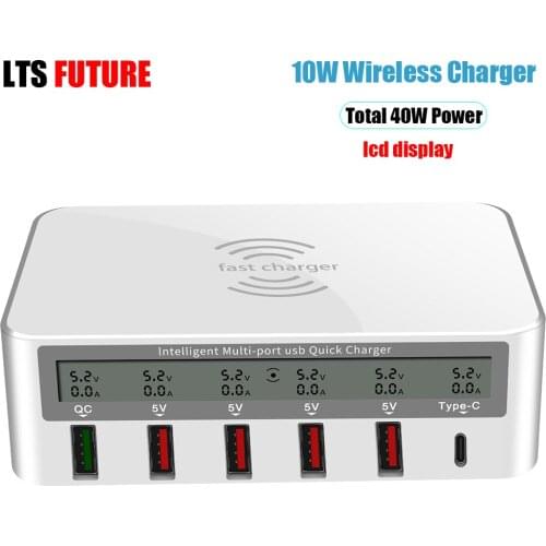 40W USB C Desktop Charger Hub with LCD Display, Universal Wireless Charging Stations for iPhone Samsung Smart Phone Power Supply