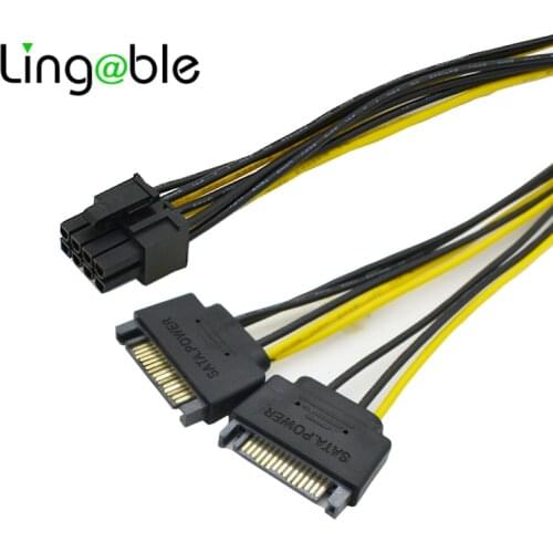 Lingable Dual SATA 15pin Male to PCI-E 8 Pin (6+2) Male Graphic Video Card Power Supply Cable 20CM for Bitcoin Miner Mining 20cm