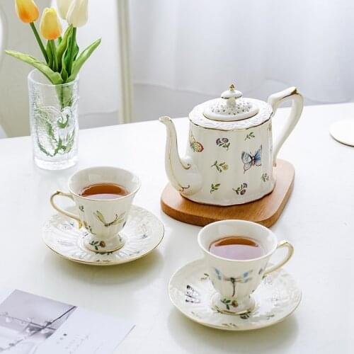 Vintage Gilt Garden Butterfly Coffee Cup and Saucer Teapot Ceramic Luxury European Tea Cup Set 250ml