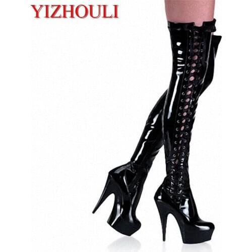 15cm ultra high heels tall boots lacing round toe over-the-knee womens boots cutout dance shoes 6 inch sexy thigh high boots