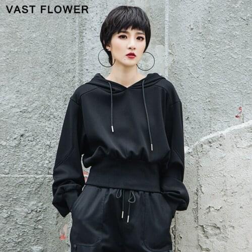 Black Hoodie Women Fashion Patchwork Elastic Waist Hooded Long Sleeve Drawstring Casual Loose Sweatshirt Clothes New Spring 2021