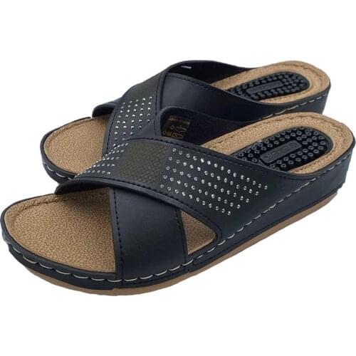 Womens Black Massage Insole Cross Slippers