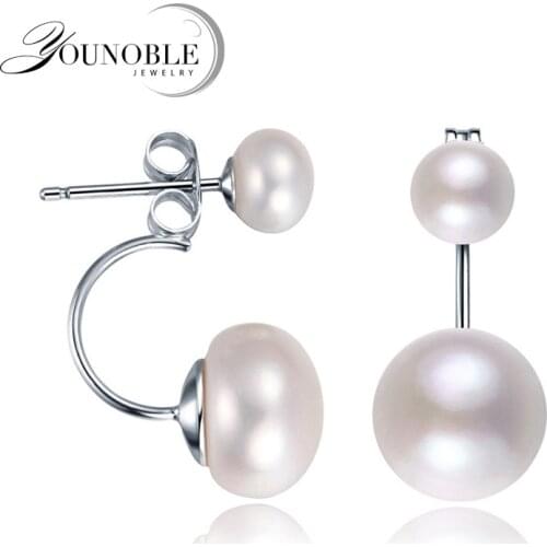 Real Natural Double Pearl Earrings 925 sterling silver jewelry,black freshwater pearl earrings for women girl birthday best gift