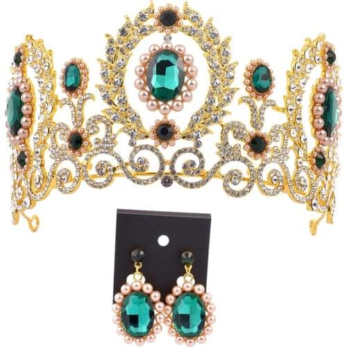 Baroque Women Rhinestone Faux Pearl Crown Tiara Earrings Wedding Jewelry Set