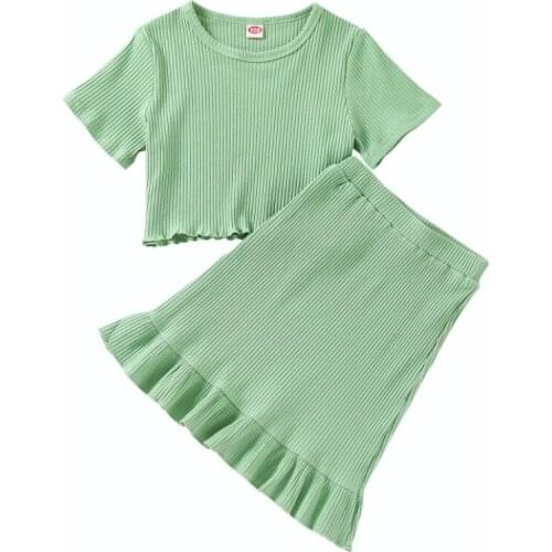Girls Outfits Two Piece Suit Fashion Solid Color Short Sleeve Casual T-shirt and Ruffles Short Skirt Daily Wear Summer