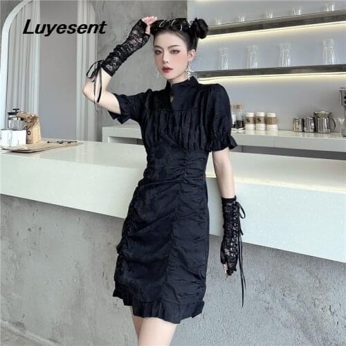 Black Gothic Lady Chinese Style Cheongsam Dress Summer Women Stand Neck Puff Short Sleeve Mini Dresses Harajuku Street Clothes
