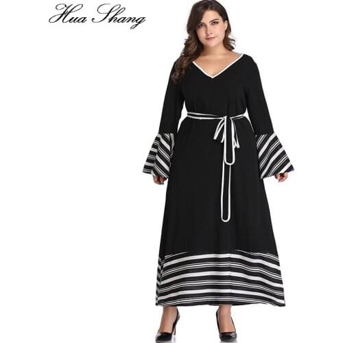 4XL 5XL Plus Size Women Dress Long Sleeve Female V Neck Flare Sleeve Striped Print Maxi Long Dress Summer Ladies Tunic Dresses
