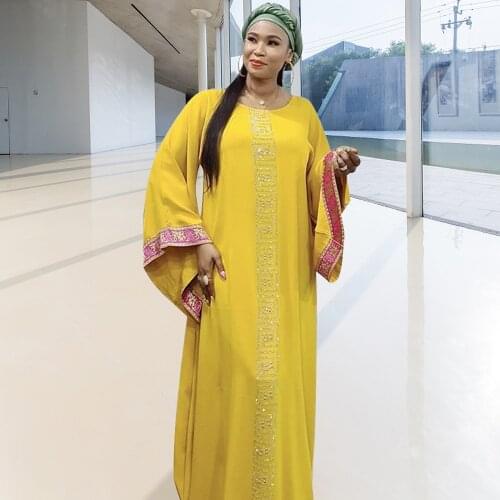 Yellow Maxi Dresses For Women Diamonds High Quality Flared Sleeve Loose Muslim Fashion Dress Abaya Dubai Polyester Robe Nigerian