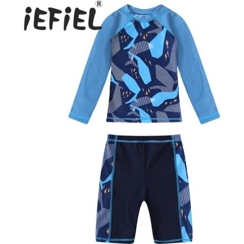 2Pcs Kids Boys Swimming Suit Long Sleeves Cartoon Shark Fish Waves Print Tops and Shorts Set Beach Swimming Bathing Swimwear