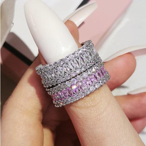 2pcs Per Set Luxury Pack Pink 925 Sterling Silver Wedding Band Eternity Ring for Women Gift Finger Lots Jewelry R5579