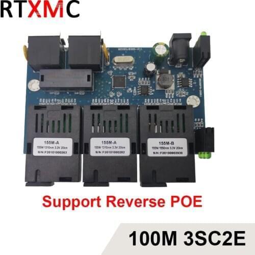 3SC2E Reverse POE 100M Fast Erhetnet 10/100M Ethernet Switch 3 Fiber Port SC 25KM2UTP RJ45 FiberOptical Switch PCBA with Adapter