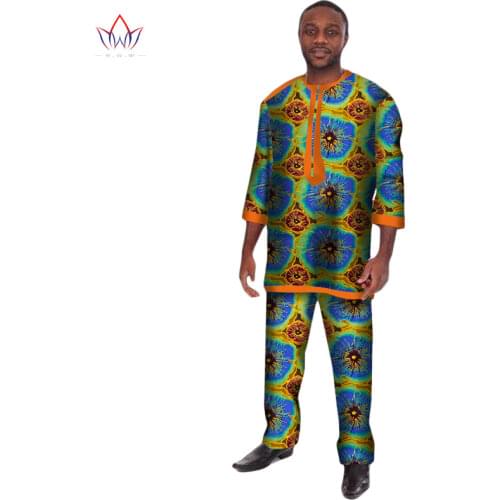 Africa Customized Men Top & Trousers Set Africa Style Wax Three Quarter Sleeve T Shirt Pants Traditional Africa Clothing WYN101