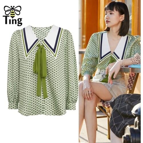 Tingfly Spring Autumn Vogue Cute Peter Pan Collar Blouses Printing Casual Female Shirts with Ribbon Blusas Moda New Trendy Za