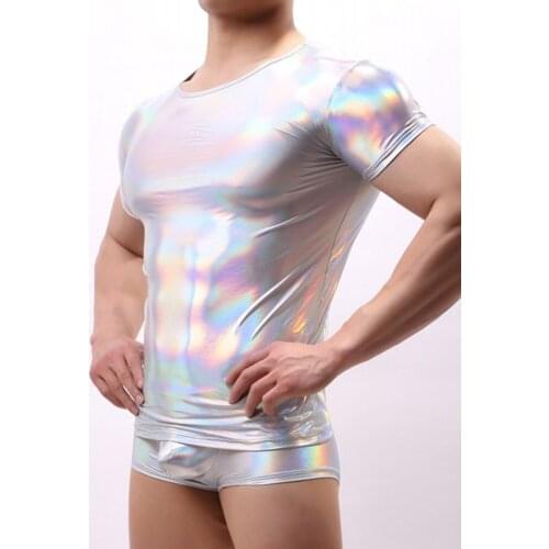 Bodysuit Men Sexy Slimming T-shirt Shaper Shiny PU Leather Top Wet Look Club Tees Underwear Shorts Thong Sexi Man Body