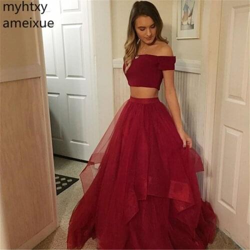 Two Piece Burgundy Plus Size Prom Dresses Boat Neck Short Sleeves A Line Long Formal Party Dresses Tiered Tulle Skirt 2020 New