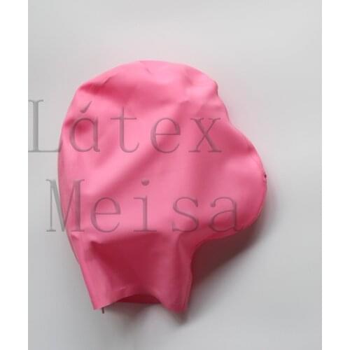 Breathless pink color latex mask bdsm open breath hole with back zip for adults