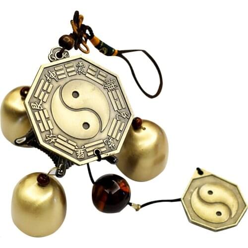 Feng Shui TaiJi Ba Gua Auspicious Coins Temple 3 Bells Windchimes W3004