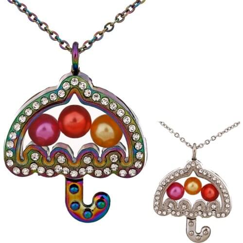 Umbrella Rhinestone Necklace Glass Living Memory Photo Locket Pearl Cage Pendant 50cm Steel Chain Necklace