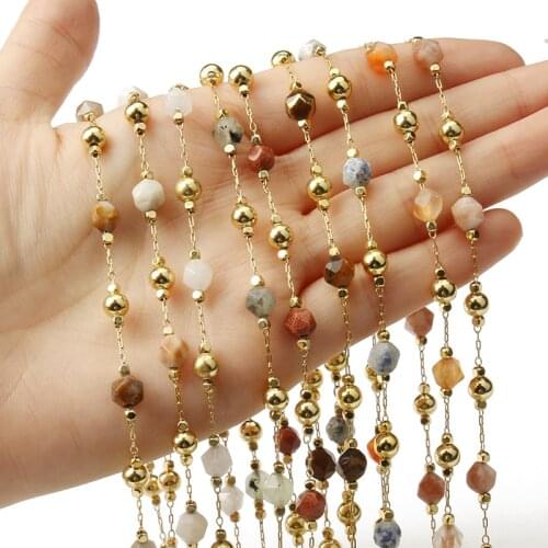 Gold Plated Wire Wrapped Rosary Chain Link 6mm Faceted Stone Bead Chains for Jewelry Making DIY Bracelet Neckalce Supply 1m/lot
