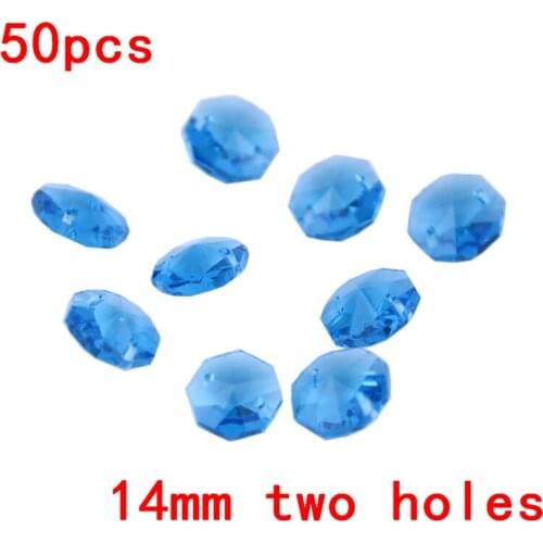 Clear 50pcs/Lot , Aquamarine Color, 14mm Crystal Octagon Beads In 2 Holes For Wedding Strands & Chandelier Beads