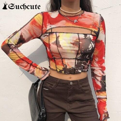 SUCHCUTE Streetwear Vintage Hollow Out T-Shirts Women Long Sleeve Patchwork Tie Dye Slim Y2K Crop Tops Sexy Mesh Tee Shirts Lady