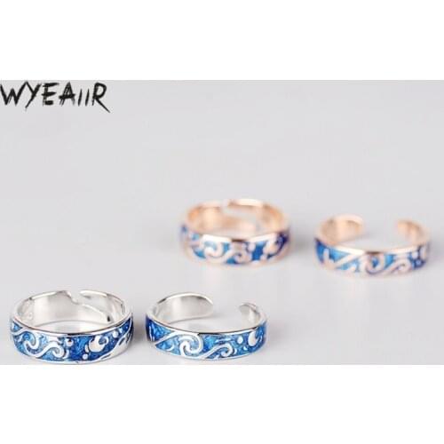 WYEAIIR New Van Gogh Starry Couple Gifts Sweet Romance Star Moon 925 Sterling Silver Female Resizable Opening Rings