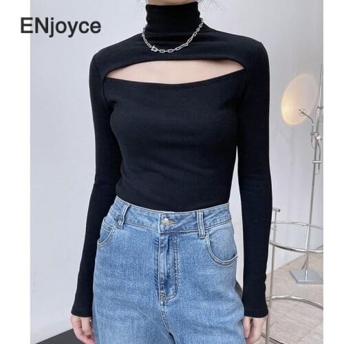 Woman Long Sleeve T-shirt 2021 Spring Sexy Hollow Out Black Tee Cotton Tshirt Women Tops Korean High-neck two-wear Clothes