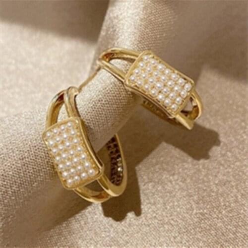 Origin Summer Double-Layer Geometrical C Shape Hoop Earring for Women Trendy Gold Metal Simulation Pearl Earrings Jewellery