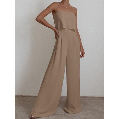 2 PCS Womens Jumpsuit Solid Off Shoulder Crop Top Straight Pants Pocket Design Short Tops Sexy Sleeveless Elegant Playsuits