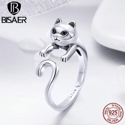 BISAER Long Tail Ring 925 Sterling Silver Cat Rings for Women Adjustable Tail Cat Finger Ring Sterling Silver Jewelry ECR409