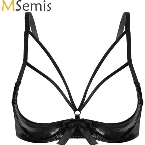 Women Lingerie Open Cup Bra Underwear Adjustable Shoulder Strap Brassiere Bowknot Patent Leather Erotic Sexy Underwired Bra Tops