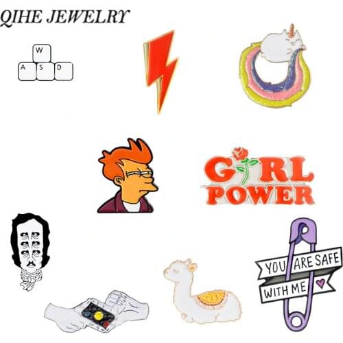 QIHE JEWELRY Cartoon pins and brooches Keyboard,Galaxy,Girl Power,Frog,Llama,Animal Badges Lapel pin collection