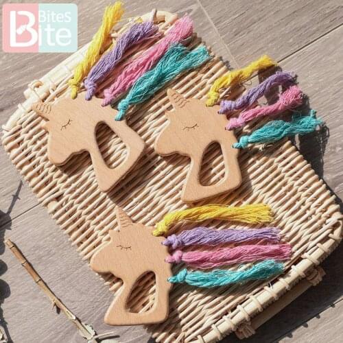 1PC Baby Wooden Teether Rodent Toys Beech Wooden Unicorn Pandent Colored Cotton Rope DIY Nursing Necklace Gift ChildrenS Goods