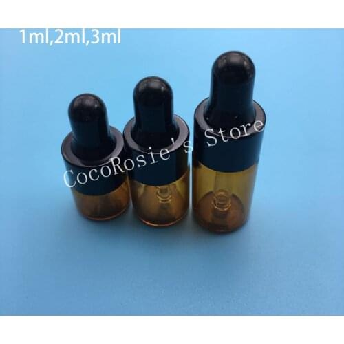 100pcs/lot 1ml,2ml 3ml empty amber dropper bottle essential oil bottle mini glass essential dropper bottle with aluminum ring