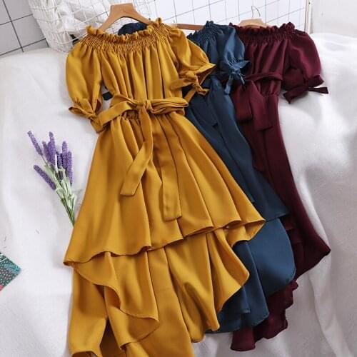2021 Summer Women Slash Neck Bandage Strap Puff Sleeve Sashes Pleated Dress Irregular Elastic Slim Ruffles Party Midi Chic Dress
