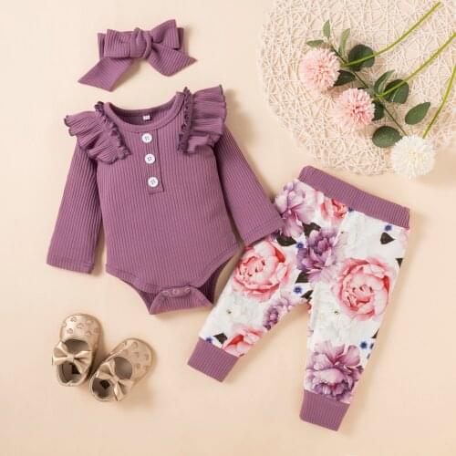 3Pcs Toddler Infant Outfits Autumn Winter Baby Ruffled Long Sleeve Ribbed Romper+Floral Pants+Headband for Kids Baby Girls