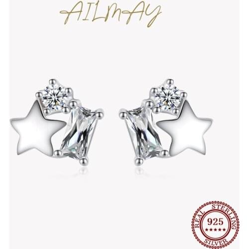 Ailmay 100% 925 Sterling Silver Mini Love Hearts Stars Clear Zircon Stud Earrings For Women Minimalist Fine Jewelry 2021 New