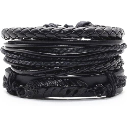 Feather Cross Infinity Black Beads Charm Handmade Woven Men Leather Bracelets Women Vintage Bangle Male Jewelry Accessories