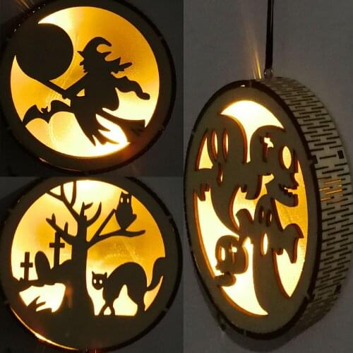 Wooden Halloween LED Light Pendant Square Laser Hollow Witch Scorpion Poison Lamp Stereo Decoration Ornament Party Supplies Gift